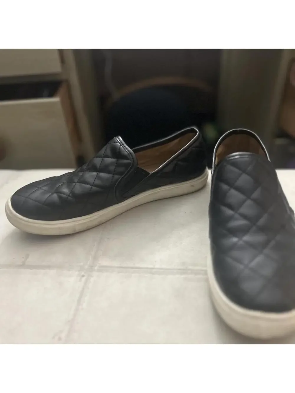 Black quilted leather slip-on sneakers white sole size 7.5  #quilted #leather